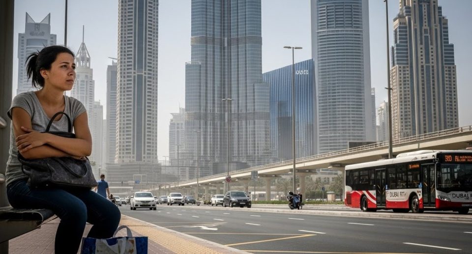 Expat woman sitting on a curb in Dubai, looking stressed and overwhelmed as she adjusts to life in a new city.