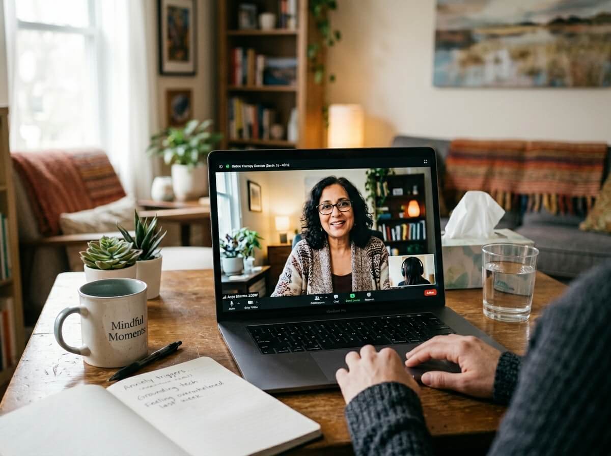 Taking an online therapy session on laptop
