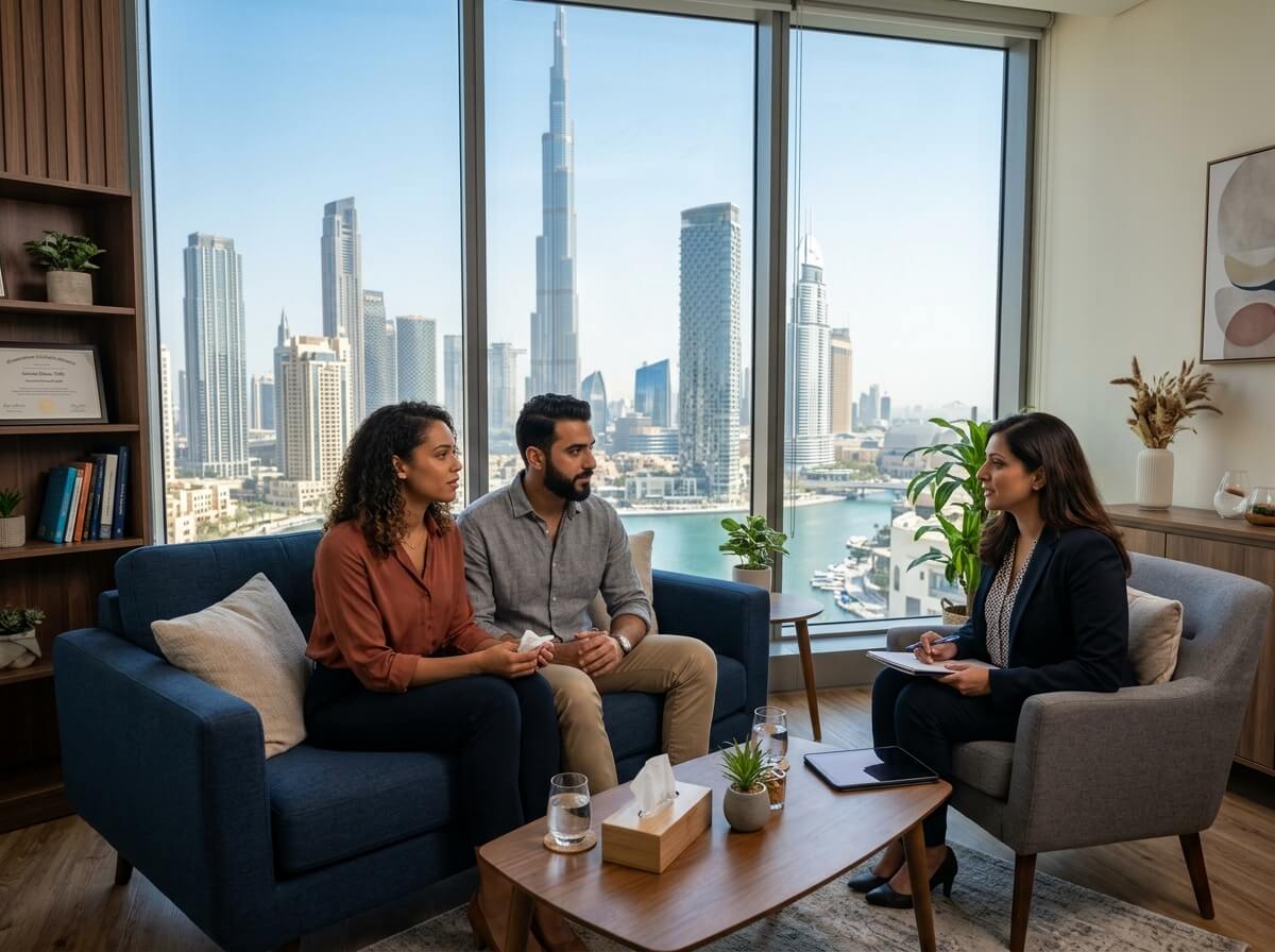 a couple sitting with their therapist for a relationship therapy session